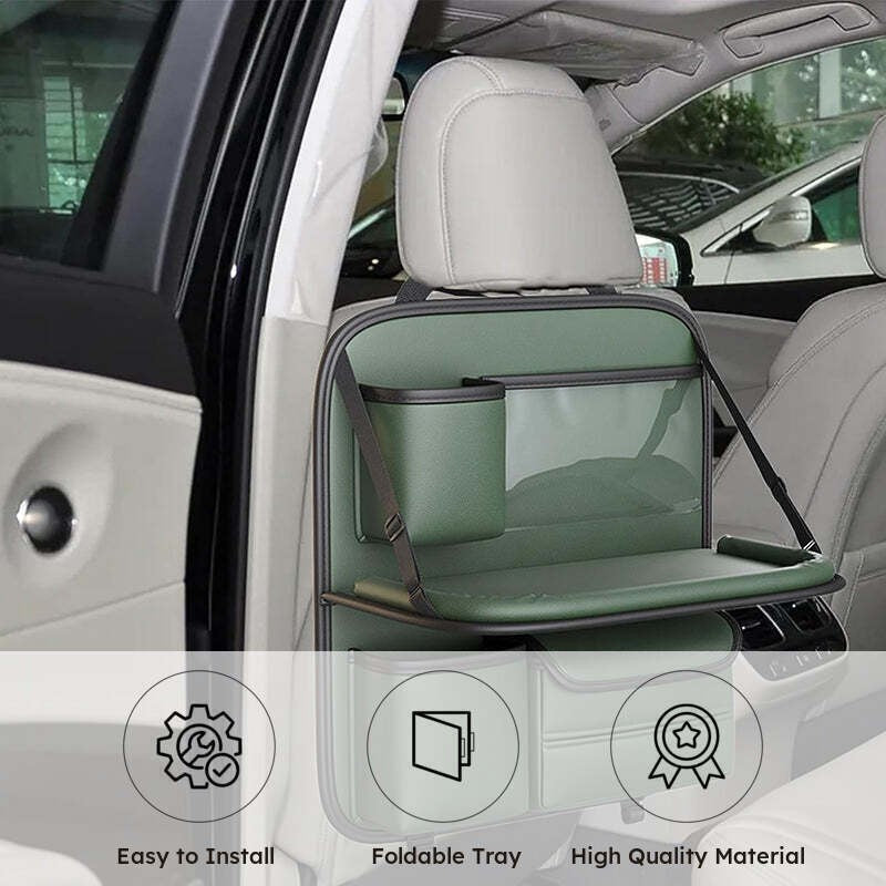 Sleek Seat Leather Car Seat Organizer With Foldable Tray - Green media 11