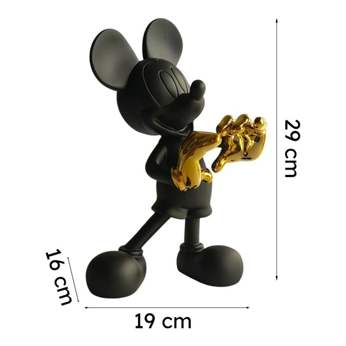 Side view of the black and gold figurine against a white background with measurement arrows.