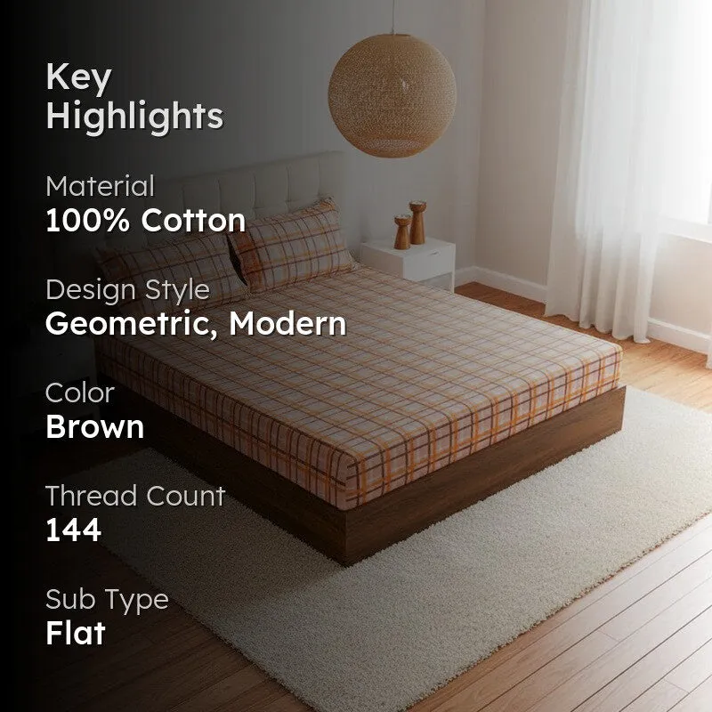 Sanja Checkered Cotton Bedsheet (Brown) - 144 TC media 2