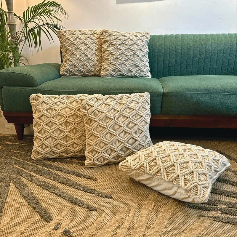 Loom & Light Macrame Textured Cotton Cushion Cover - Set Of Five media 1