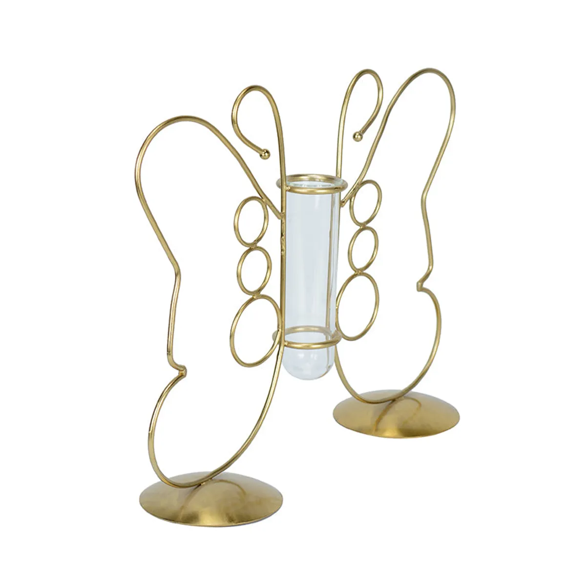 Angled view of gold butterfly frame vase with clear central test tube
