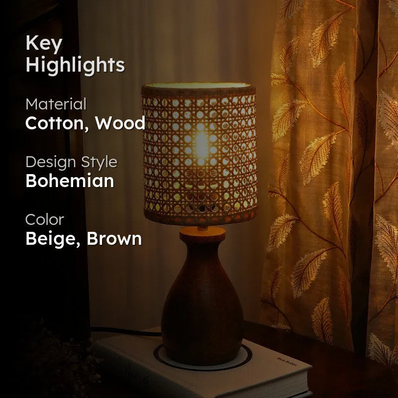 Emberra Loomis Wooden Base Cotton Table Lamp - Beige,Brown media 2