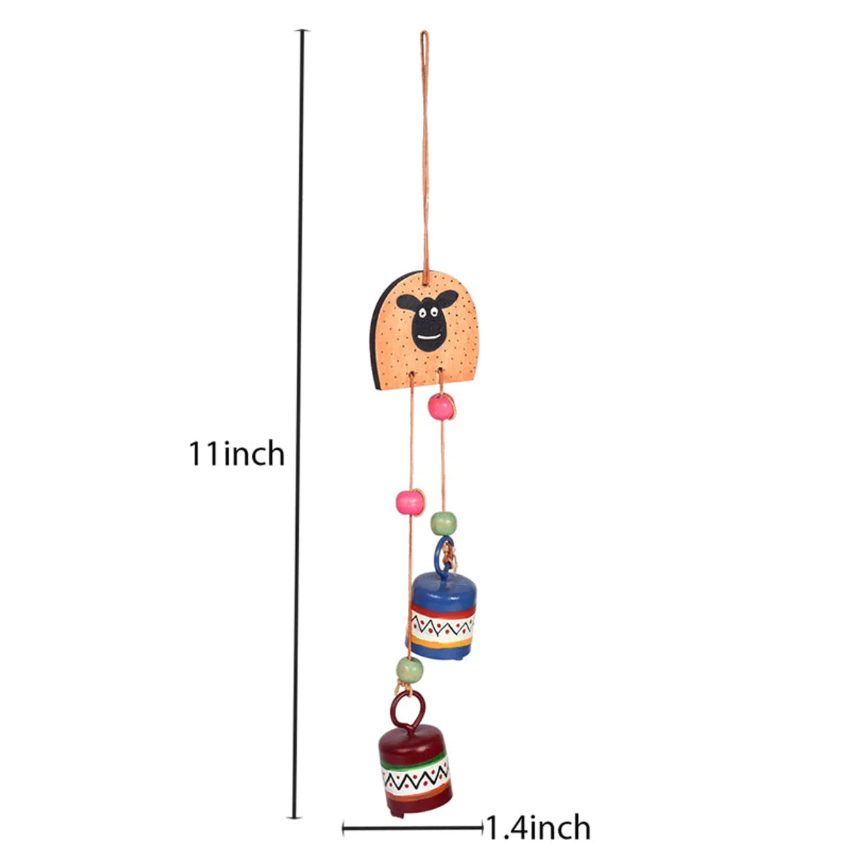 Sheep-face windchime shown with a vertical measurement graphic