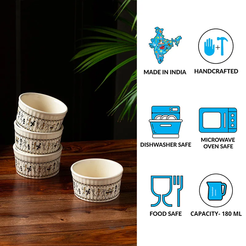 Warli Whirls Ceramic Snack Bowl (180 mL) - Set Of Four media 4