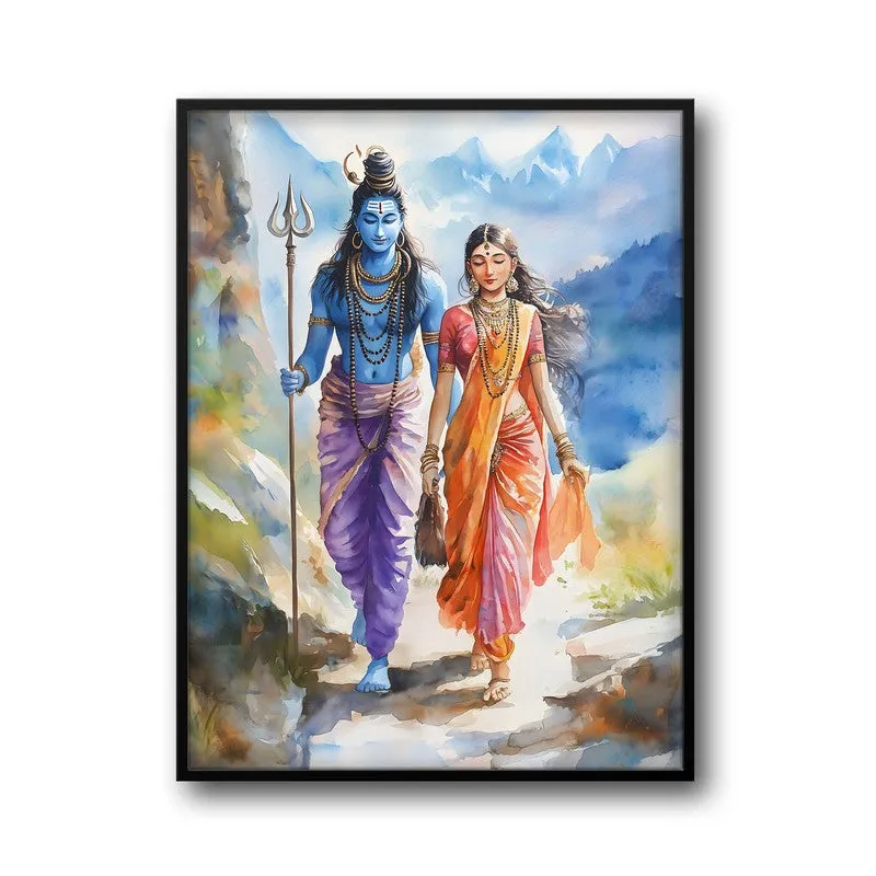 Uma Maheshwara Spiritual Archival Paper Wall Painting With Frame - Black media 5