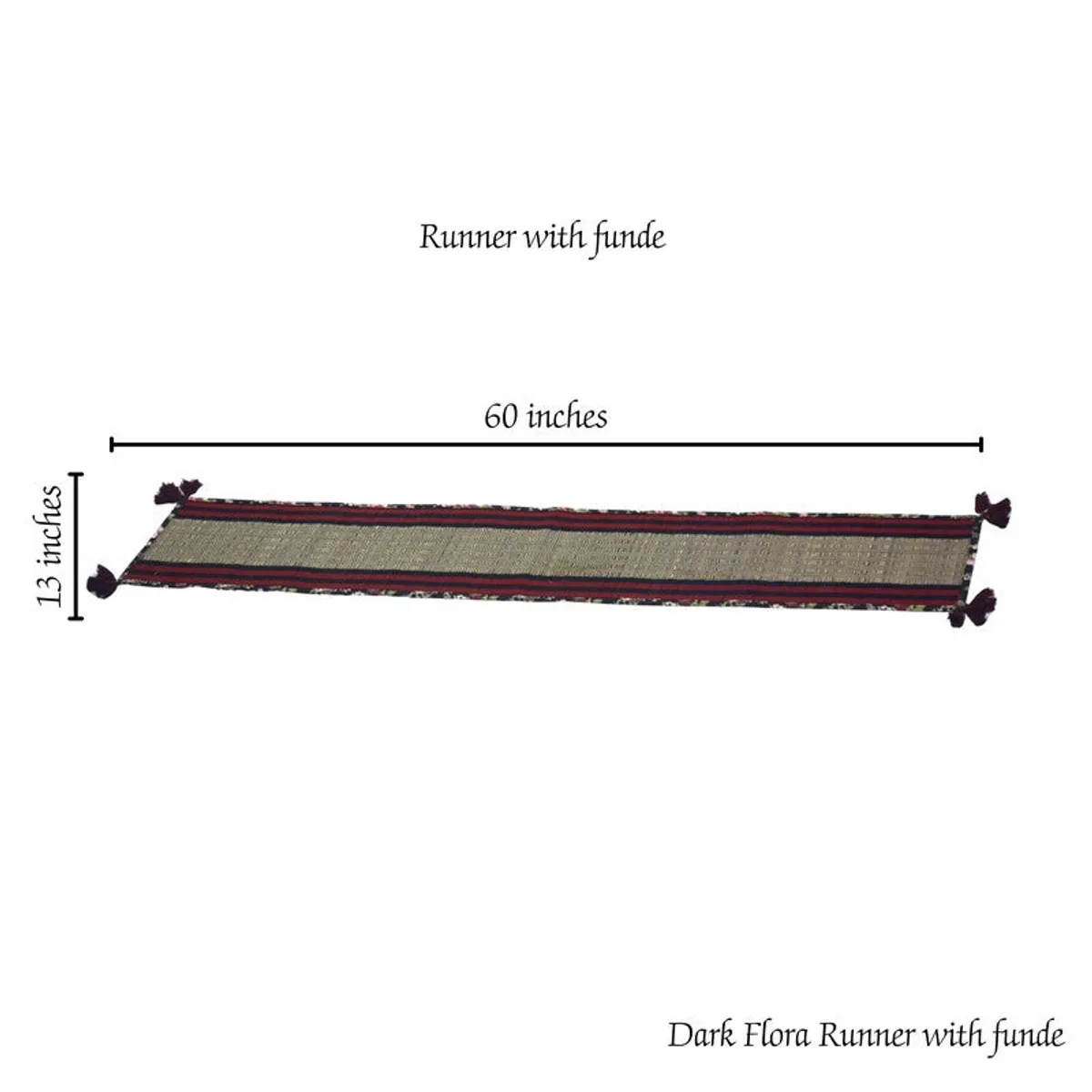 Black, red and beige runner shown lengthwise with tassel details