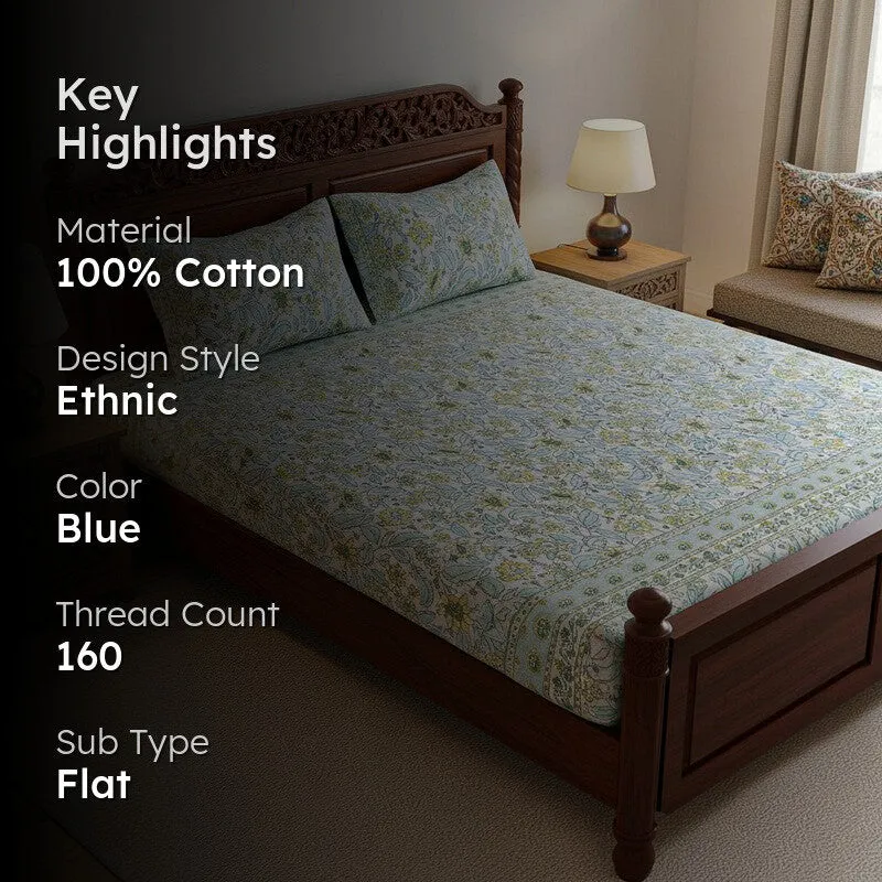 Rigavo Floral Cotton Bedsheet (Blue,Yellow) - 160 TC media 2