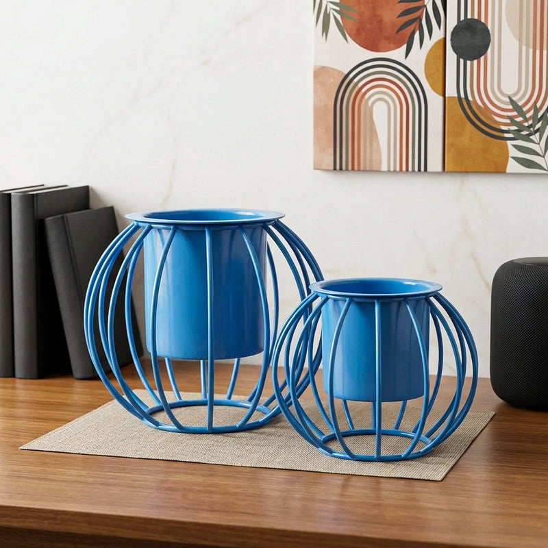 Steela Round Planter (Blue) - Set Of Two