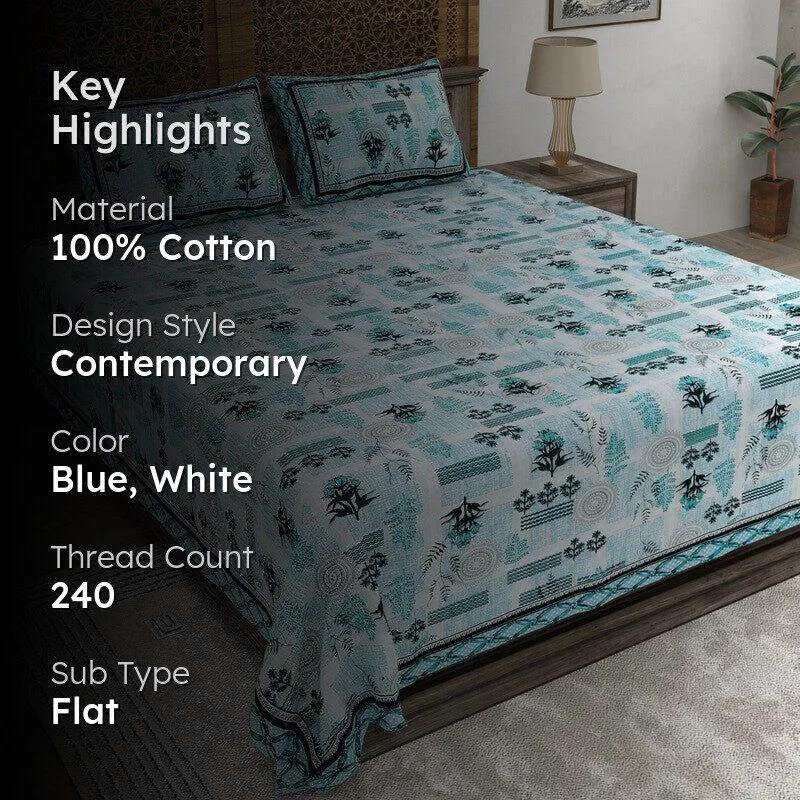 Formy Cotton Bedsheet (Blue,White) - 240 TC media 2