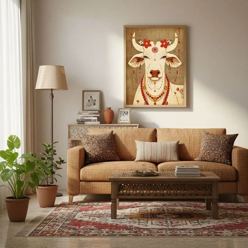 Sacred Cow Folk Art Canvas Wall Painting With Brown Frame media 3