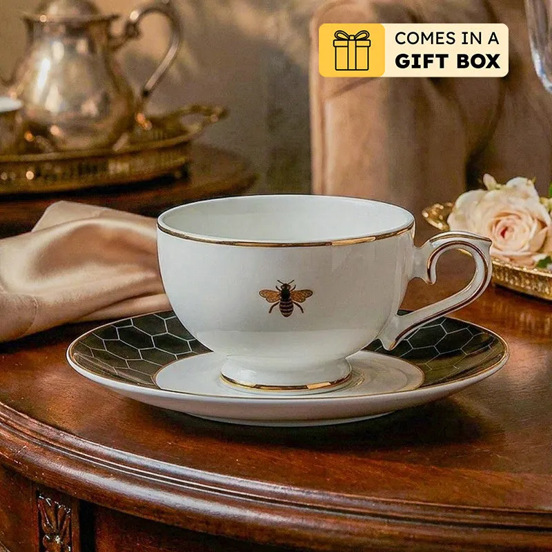 Gilded Bee 24k Gold Brushed Porcelain Tea Cup & Saucer (280 mL) - Set of Six media 1