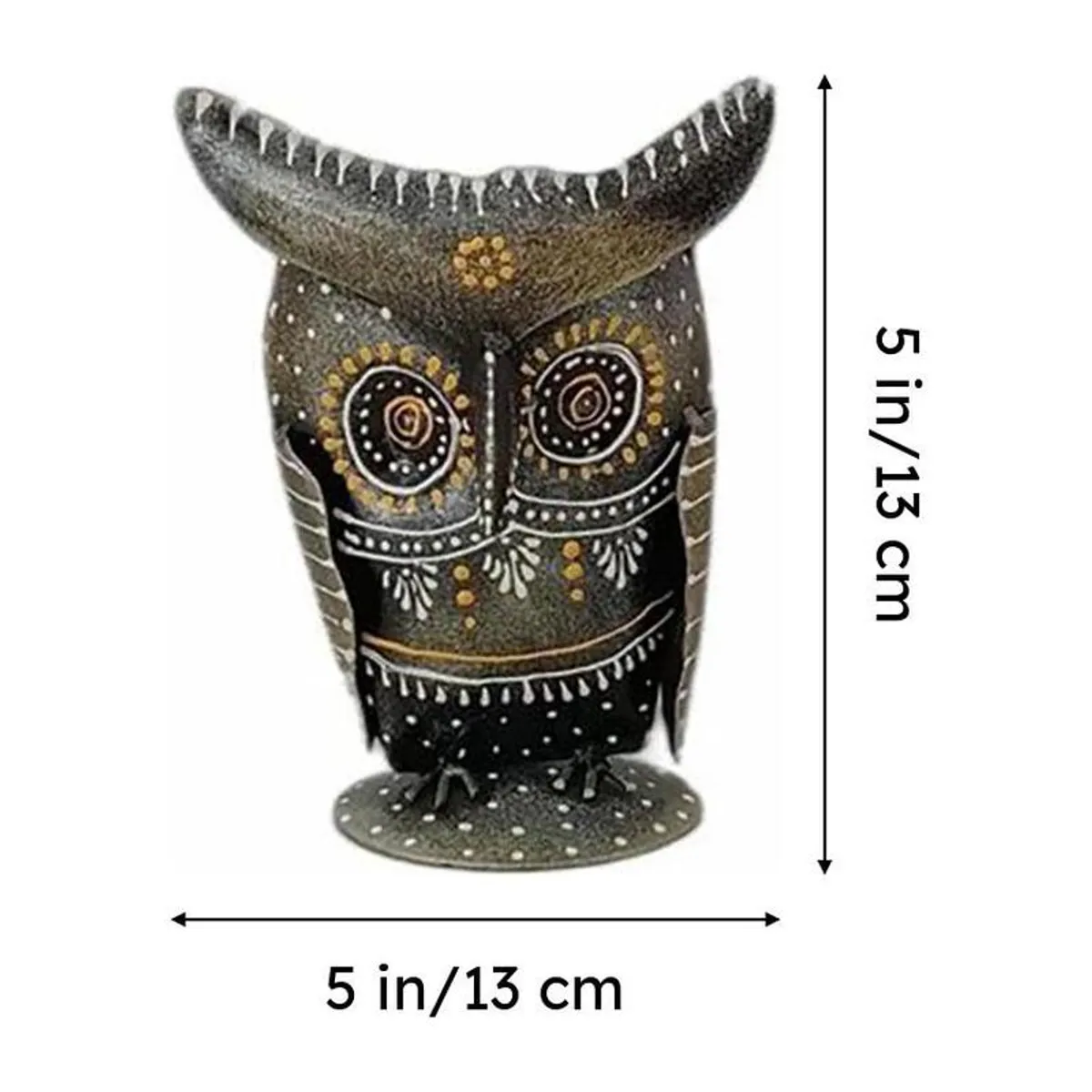 Front view of the owl-shaped pen stand with visible height and width arrows