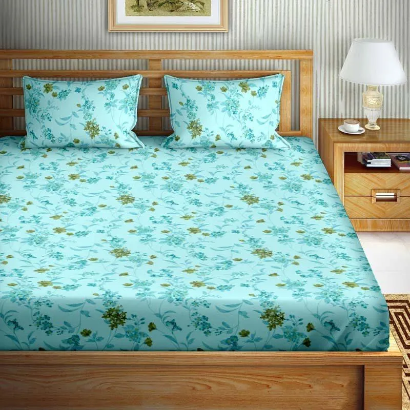 Floral Fun Cotton Bedsheet (Cyan) - 180 TC media 1