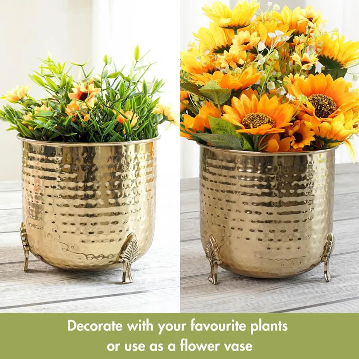 Gold hammered planter shown with greenery and yellow flowers
