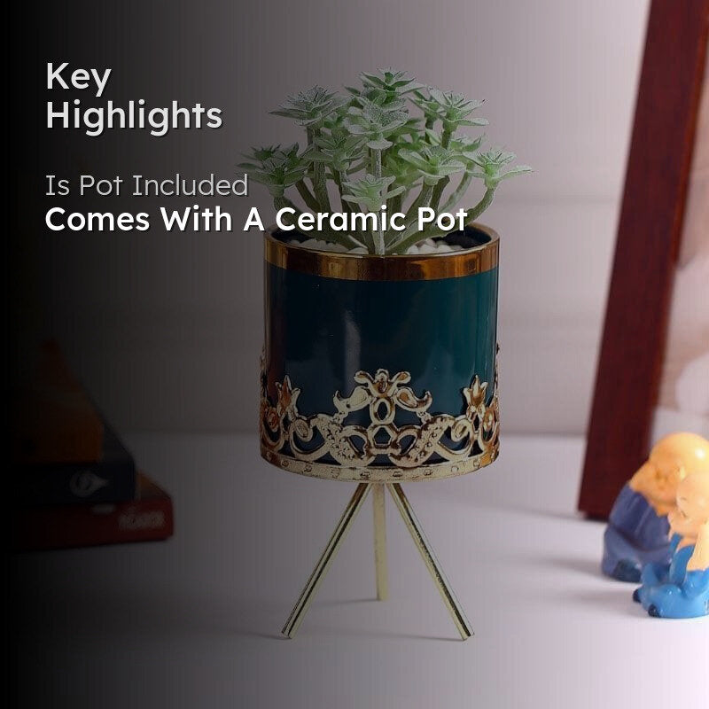 Faux Big Crassula In Blue Ceramic Pot - 19 cms media 2