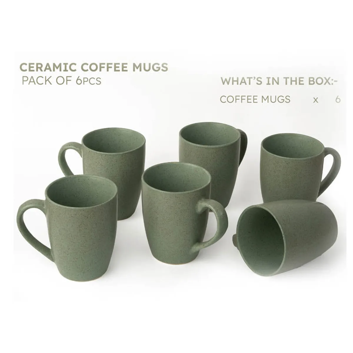 Six green ceramic coffee mugs arranged together on a white background.