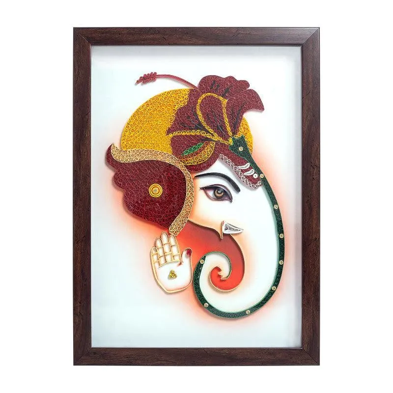 Close view of the multicolour Ganesha portrait in a dark rectangular frame