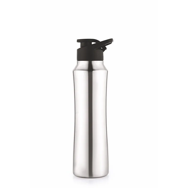 Silver steel bottle with black sipper cap on white background