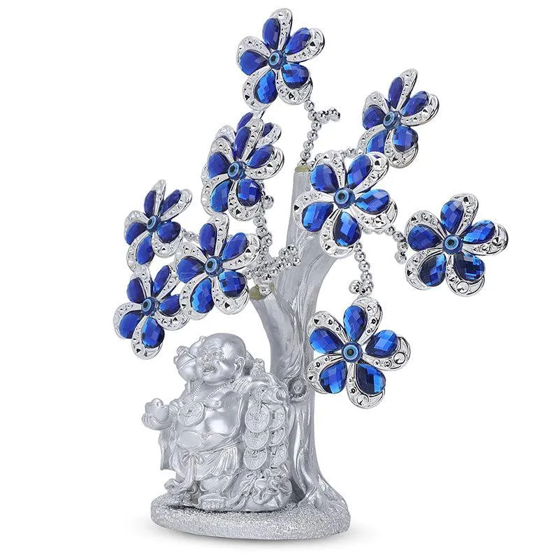 Laughing Buddha Tree Of Life Showpiece - Blue & Silver media 7