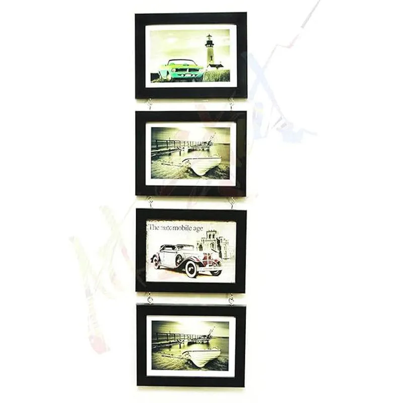 Black rectangular frame displaying a vintage-style car, boat and lighthouse picture