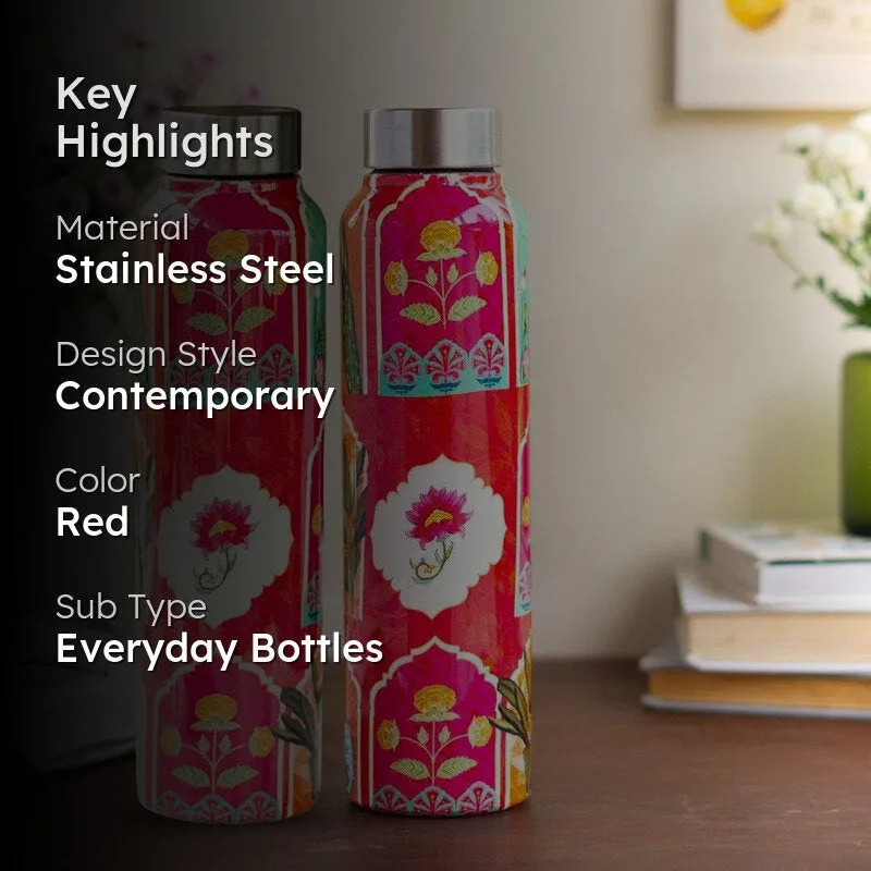 Floral Red Printed Stainless Steel Water Bottle (1000 mL Each) - Set Of Two media 2