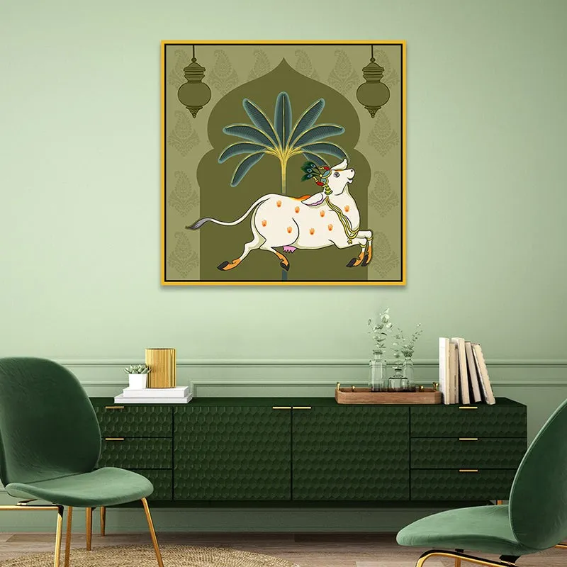 Cow In Banana Grove Canvas Wall Painting With Frame - Gold media 4