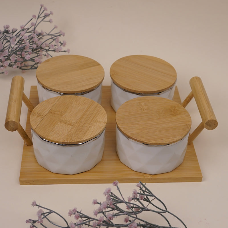 Noira White Dry Fruit Jar With Tray (300 mL Each) - Five Piece Set