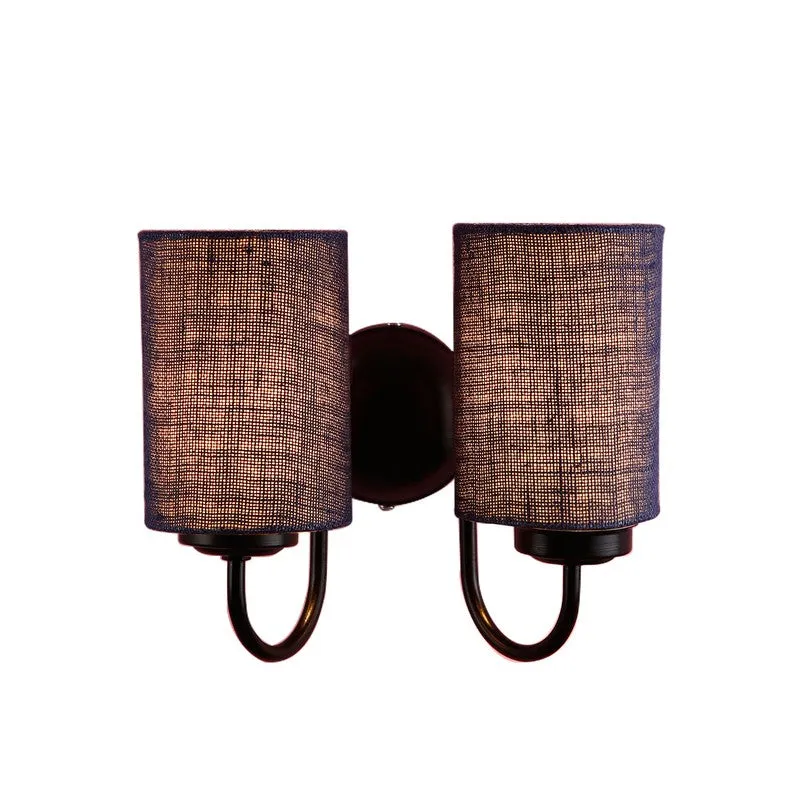 Lit double wall lamp with navy blue woven shades