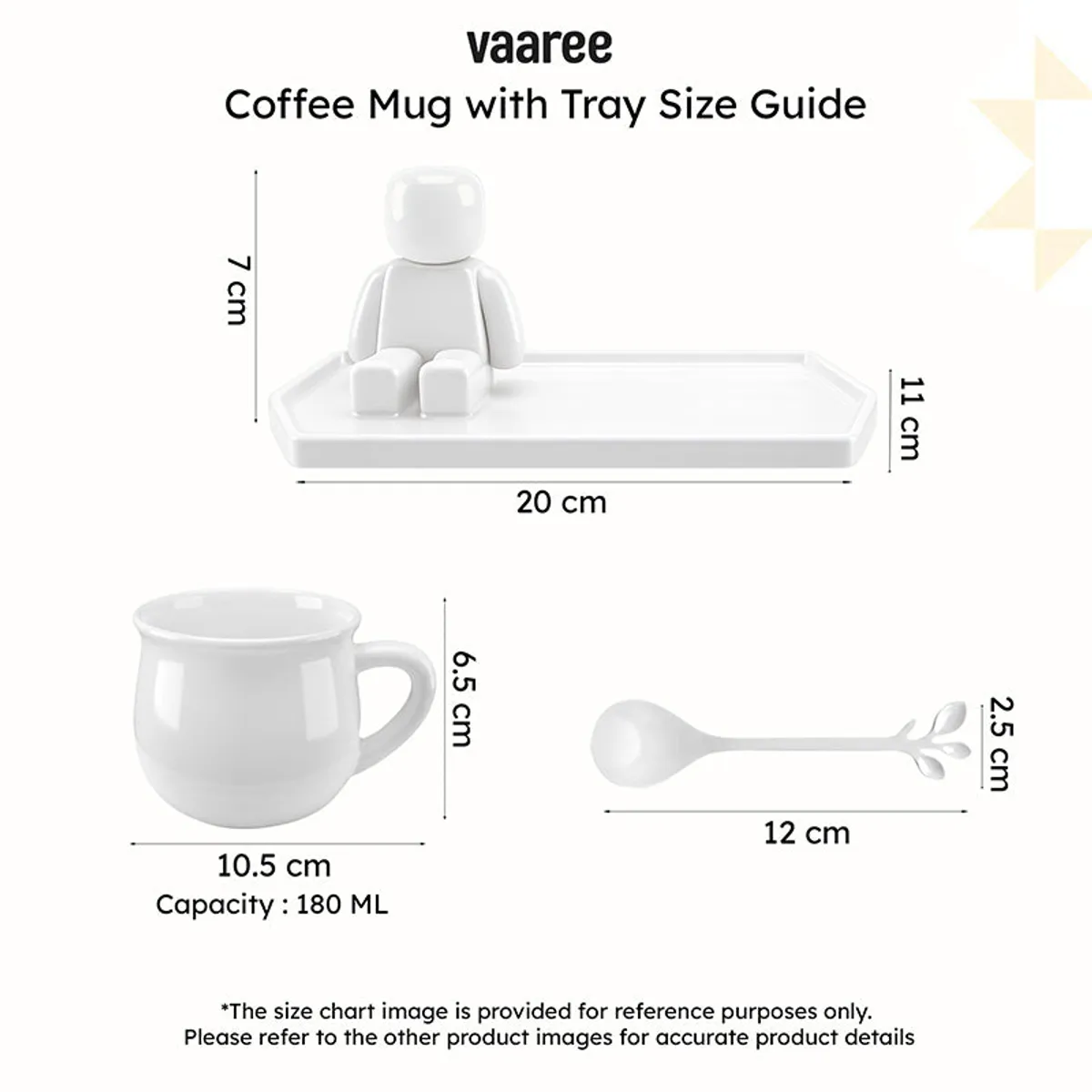 Product size guide showing mug, spoon and tray measurements