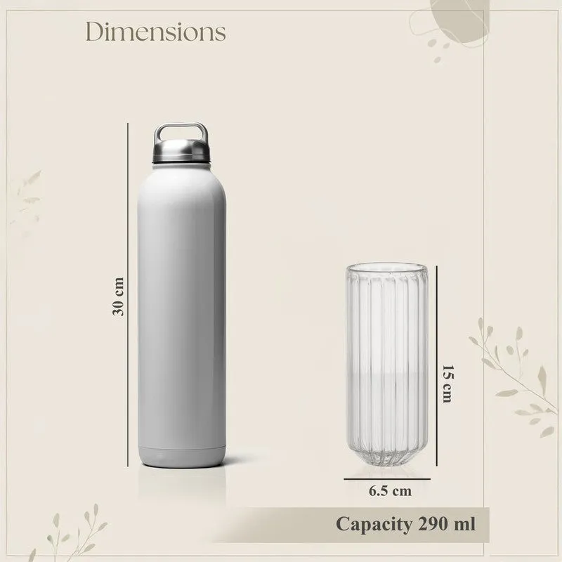 Clear ripple-textured glass shown beside a bottle for size reference