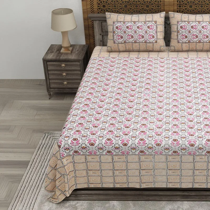 Aurao Cotton Bedsheet (Pink,Beige) - 240 TC media 3