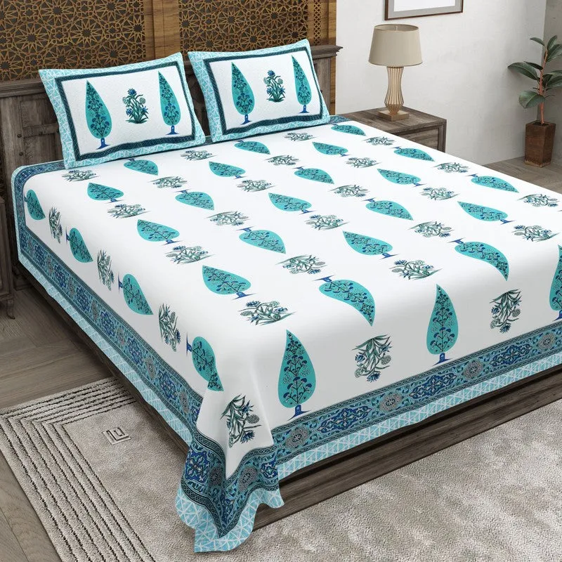 Jaipuro Cotton Bedsheet (Teal,White) - 240 TC media 1
