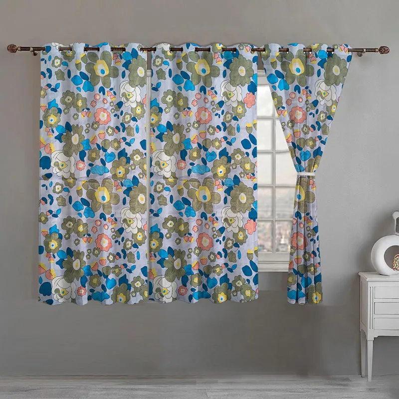 Flora Pop Room Darkening Curtain (Blue) - Set Of Three media 1