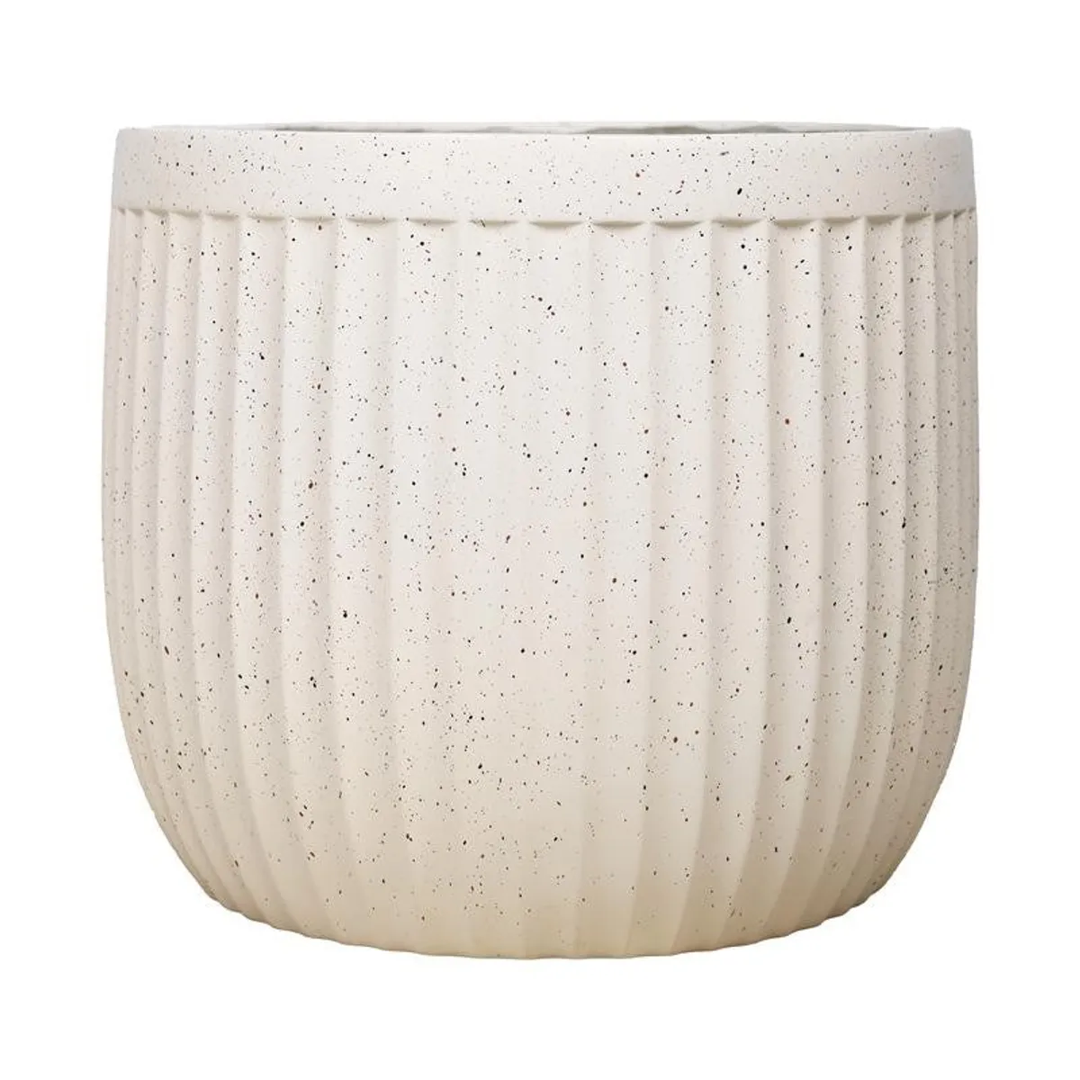 Close-up of the off-white planter showing its ribbed, speckled surface.