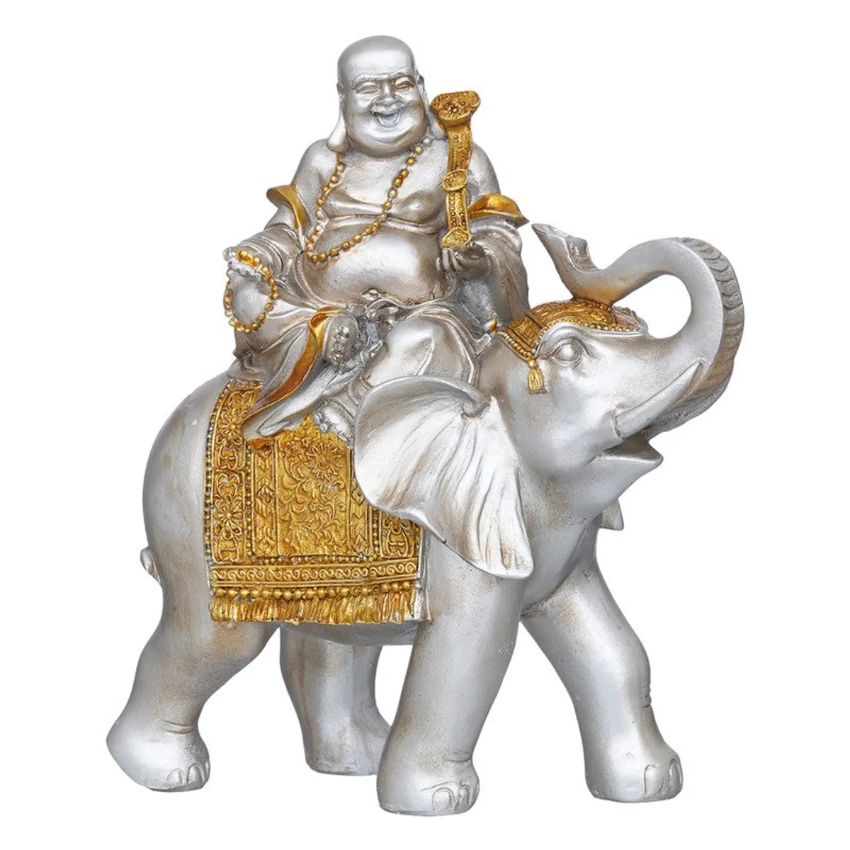 Studio view of silver and gold elephant figurine with seated deity