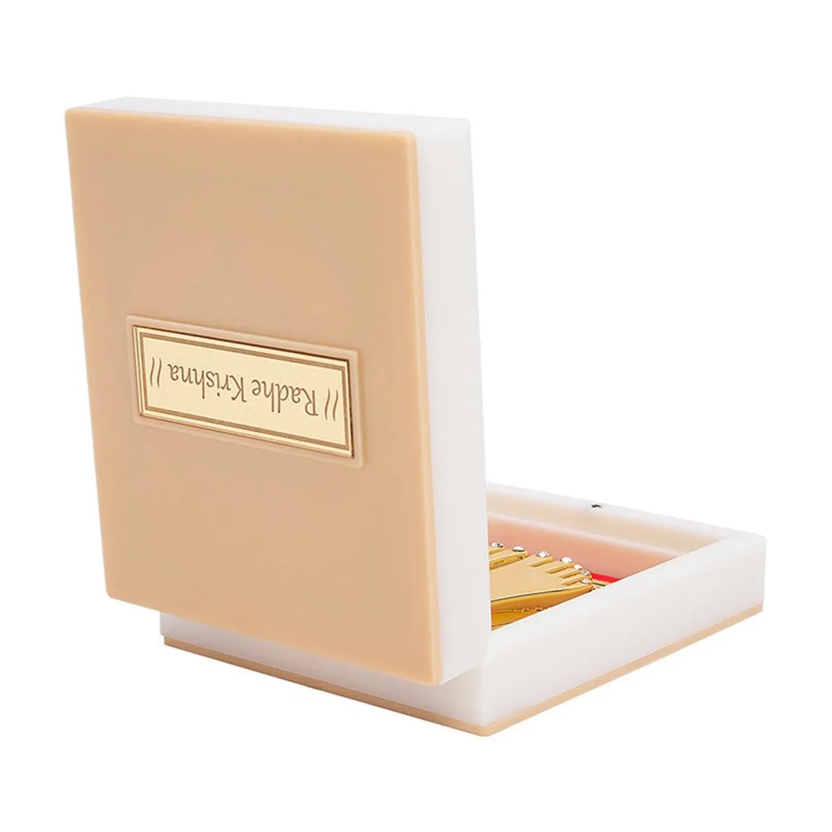Rear angled view showing the ivory exterior of the Radha Krishna accent box