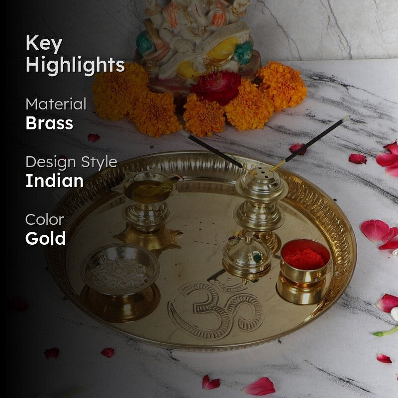 Om Sacred Pooja Brass Thali Set - Five Piece Set media 2