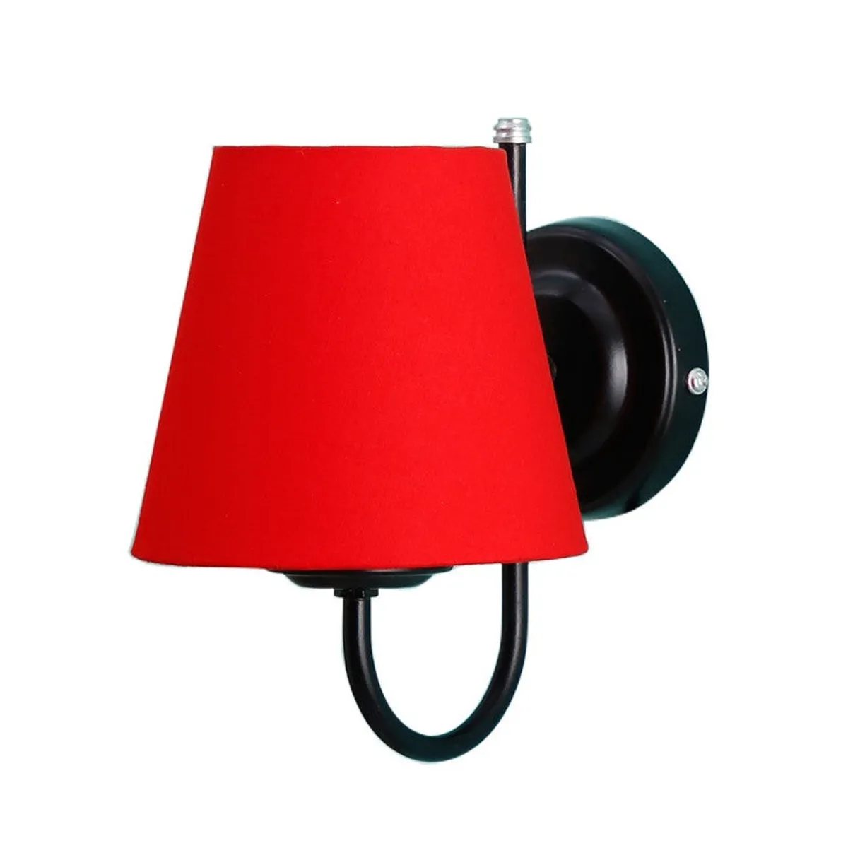 Front view of red wall lamp with black round backplate