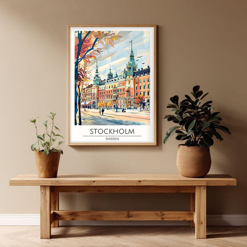 Vintage Stockholm Framed Canvas Archival Canvas Wall Painting - Natural Brown Frame