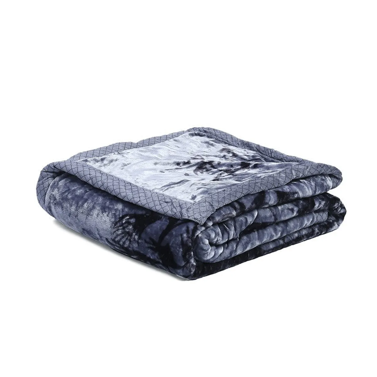 Folded blue botanical blanket showing its printed surface and reverse