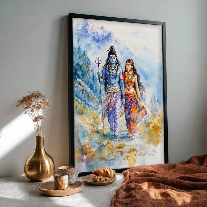 Gangadhara Parvati Spiritual Archival Paper Wall Painting With Frame - Black media 4