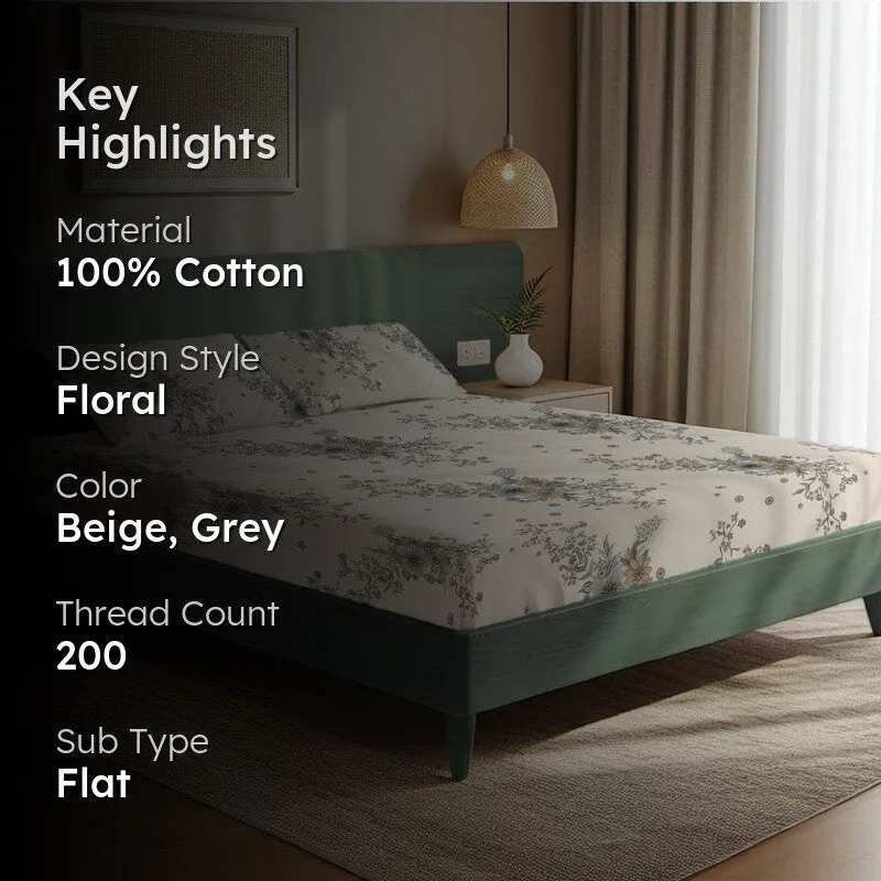 Neutral Blossom Floral Cotton Bedsheets (Beige & Grey) - 200 TC media 2