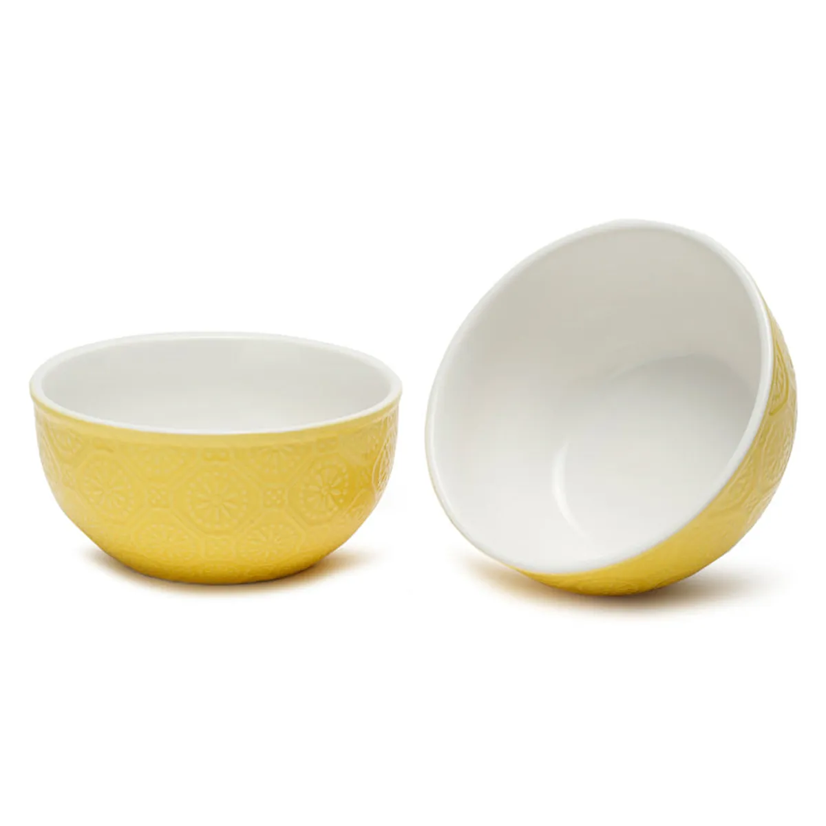 Two yellow embossed bowls shown from the side and tilted to reveal white interiors.