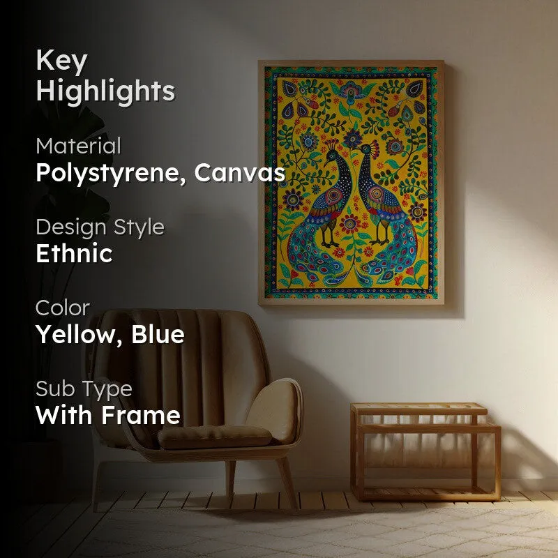 Colorful Peacock Folk Art Canvas Wall Painting With Brown Frame media 2