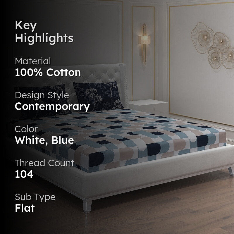 Monte Carlo Multi Blocks Cotton Bedsheet (White,Navy Blue) - 104 TC media 2