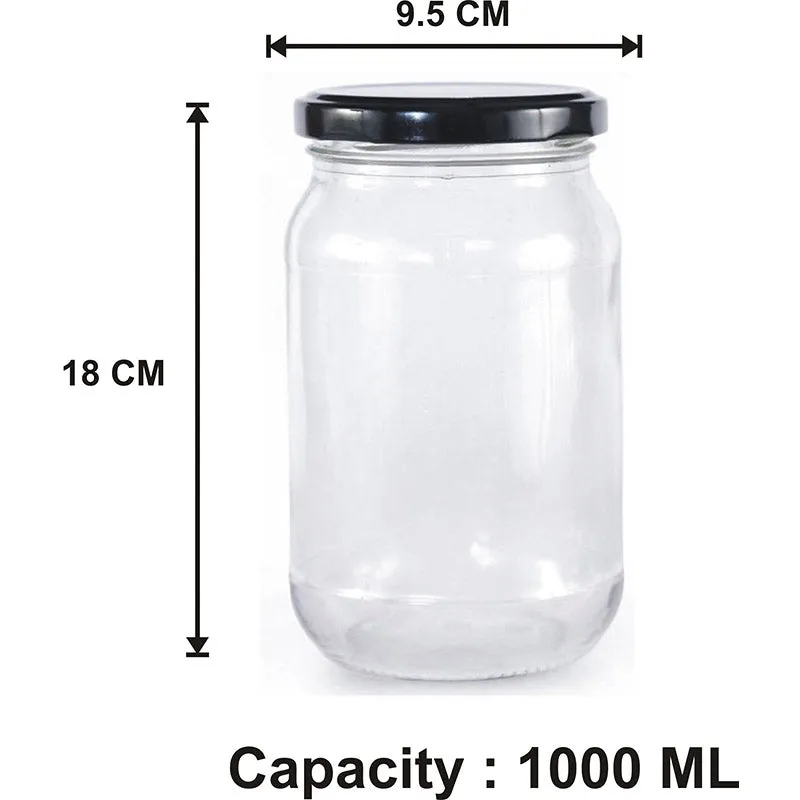 Transparent glass storage jar with a dark glossy lid