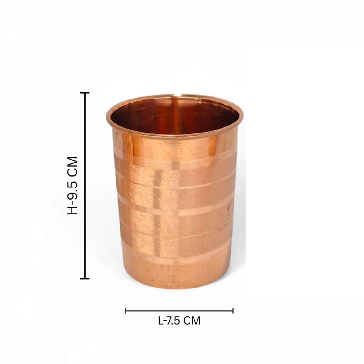 Copper glass shown close up with dimensions marked at 7.5 by 9.5 cm