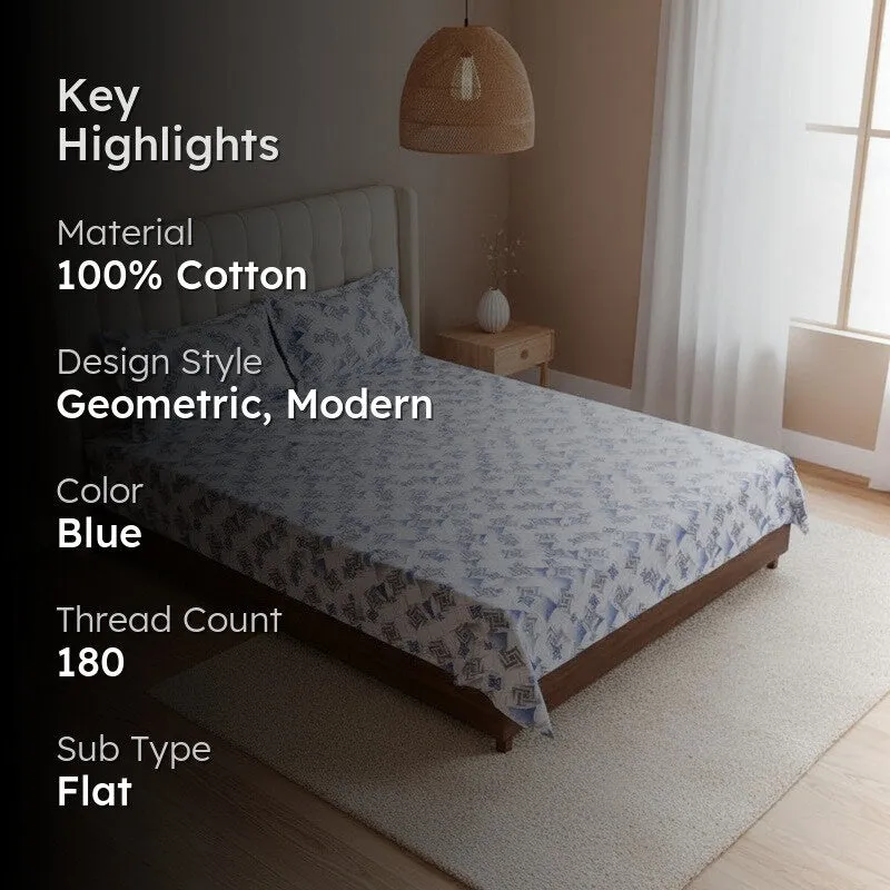 Borva Geometric Cotton Bedsheet (Blue) - 180 TC media 2