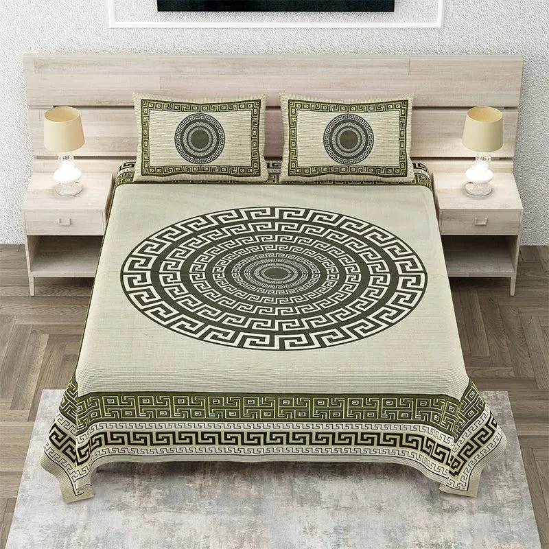 Greek Key Printed Cotton Bedsheet (Olive Green) - 160 TC media 1