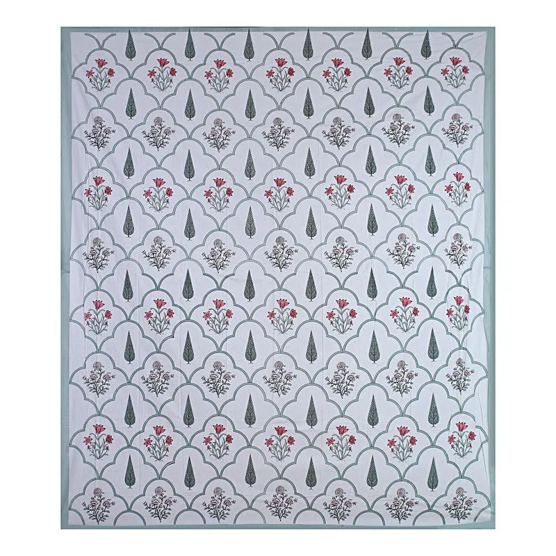 RiwaayatWhite Handblock Printed Cotton Bedsheet (Olive) - 400 TC media 7